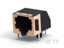 RJ45-Buchse in Schwarz und Kupferoptik. Seitlich verlaufender Anschluss ermöglicht Verbindung mit Netzwerkkabeln.