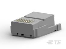 Ein grauer RJ45-Stecker mit acht goldenen Kontakten, der für Ethernet-Verbindungen verwendet wird.