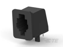 Ein schwarzer RJ45-Buchsenstecker auf weißem Hintergrund.