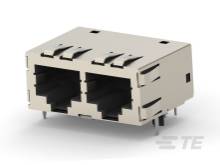 Zweifach RJ45-Buchse, geeignet für die Montage auf Leiterplatten, verwendet in Netzwerkausrüstungen für Ethernet-Verbindungen.