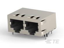 Doppelter RJ45-Ethernet-Port-Steckverbinder mit Metallgehäuse, geeignet für Netzwerk- und Kommunikationsanwendungen.