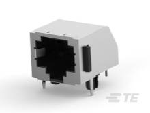 Silberner RJ45-Buchsenanschluss für Netzwerkverbindungen, mit mehreren Steckplätzen an der Unterseite zur Montage auf Leiterplatten.