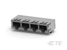 Ein vierfacher RJ-45-Stecker, der üblicherweise für Netzwerkkabelverbindungen in Computer- oder Telekommunikationseinrichtungen verwendet wird.
