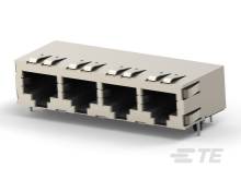 Vierfach-RJ45-Buchse zur Netzwerkverbindung, montiert auf einer Platine. Geeignet für Ethernet-Kabel in technischen Geräten.