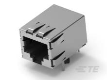 Steckerteil eines RJ45-Anschlusses, oft in Netzwerkgeräten verwendet. Quadratische Form mit metallischer Oberfläche und Schutzlaschen.