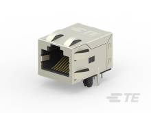 RJ45-Buchse für Ethernet-Verbindungen, metallisch, zeigt die Anschlusspins und ist zur Montage auf einer Leiterplatte vorgesehen.