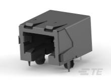 Ein rechteckiger, schwarzer Ethernet-Anschluss mit Metallkontakten, geeignet für elektronische Geräte, Rückansicht.