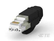 Schwarzer Ethernet-Adapterstecker mit RJ45-Anschluss, angeschlossen an einem Kabel. Geeignet für Netzwerkverbindungen.