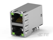 Doppelter RJ45-Netzwerkanschluss in Silber mit grünen Markierungen, häufig verwendet in Computer- und Netzwerkgeräten.