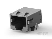 Ein grauer RJ45 Ethernet-Anschluss, perspektivisch von der Seite gezeigt. Geeignet zum Verbinden von Computernetzen.