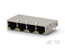 Viereckiger elektronischer Bauteil mit vier Ethernet-Anschlüssen auf der Vorderseite, geeignet für Netzwerkverbindungen.