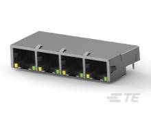 Vier Ethernet-Ports in einer strukturierten Reihe, jeder mit LED-Anzeigen in Gelb und Grün, die den Netzwerkstatus signalisieren.