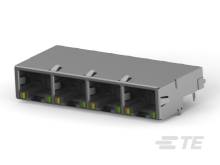 Ein Netzwerk-Switch mit vier Ethernet-Ports, erkennbar an den gelben und grünen Lichtern, in einer schrägen Seitenansicht.