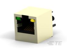 Ein RJ45-Netzwerkstecker in Weiß mit grünem und gelbem LED-Indikator, verwendet für Ethernet-Verbindungen in Computernetzwerken.
