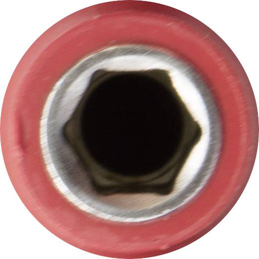 Nahaufnahme einer sechseckigen Metallöffnung in einer roten Gummioberfläche.