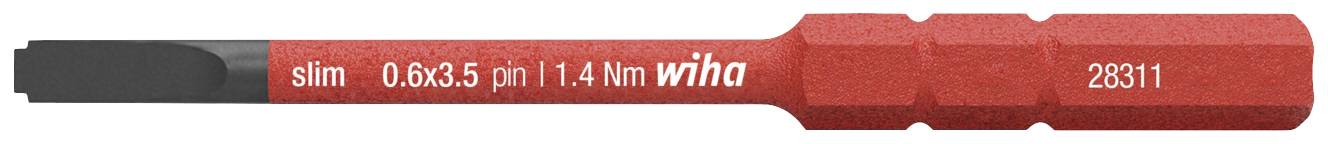 Roter Schraubendrehereinsatz mit der Aufschrift 'slim 0.6x3.5 mm 1.0-1.4 Nm wiha 28311', geeignet für präzise Montagen.