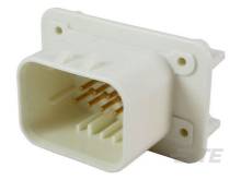 Weiße Plastiksteckdose mit mehreren goldenen Stiften, geeignet für elektrische Verbindungen.