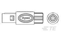 'Tyco' Anschlussstecker, links mit Logo, rechts Anschlussende. Verwendet für Elektrokabelverbindungen.
