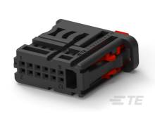 Schwarzer und roter elektrischer Stecker mit mehreren Anschlüssen, möglicherweise für Automobilanwendungen.