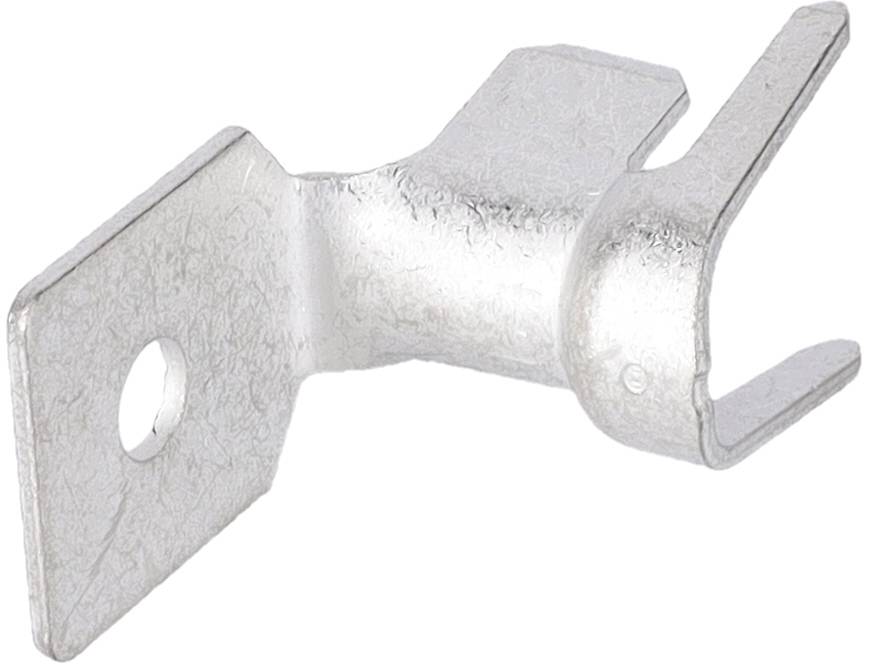 Ein Metallclip mit quadratischer Basis und einem Loch, verwendet zum Montieren oder Sichern von Objekten.