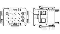Technische Zeichnung eines mechanischen Bauteils, bestehend aus zwei Teilen. Zeigt detailliert Schraubenlöcher und Verbindungselemente.
