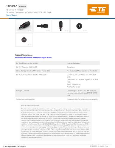 TE Connectivity Solar Installation Market 1971862-1 Inhalt