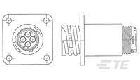 Technische Zeichnung eines elektrischen Steckverbinders. Links ist eine runde Buchse, rechts ein Stecker. Linien zeigen Montagepunkte.