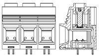 Elektrische Schaltpläne von zwei nebeneinander angeordneten modularen Schaltern mit seitlicher Ansicht, die interne Verdrahtung zeigt.
