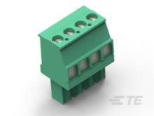 Grüner Steckverbinder mit fünf Anschlüssen, häufig in elektronischen Schaltungen verwendet.