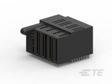 Schwarzer elektronischer Stecker mit mehreren Anschlusspins, Zylinder am linken Rand.
