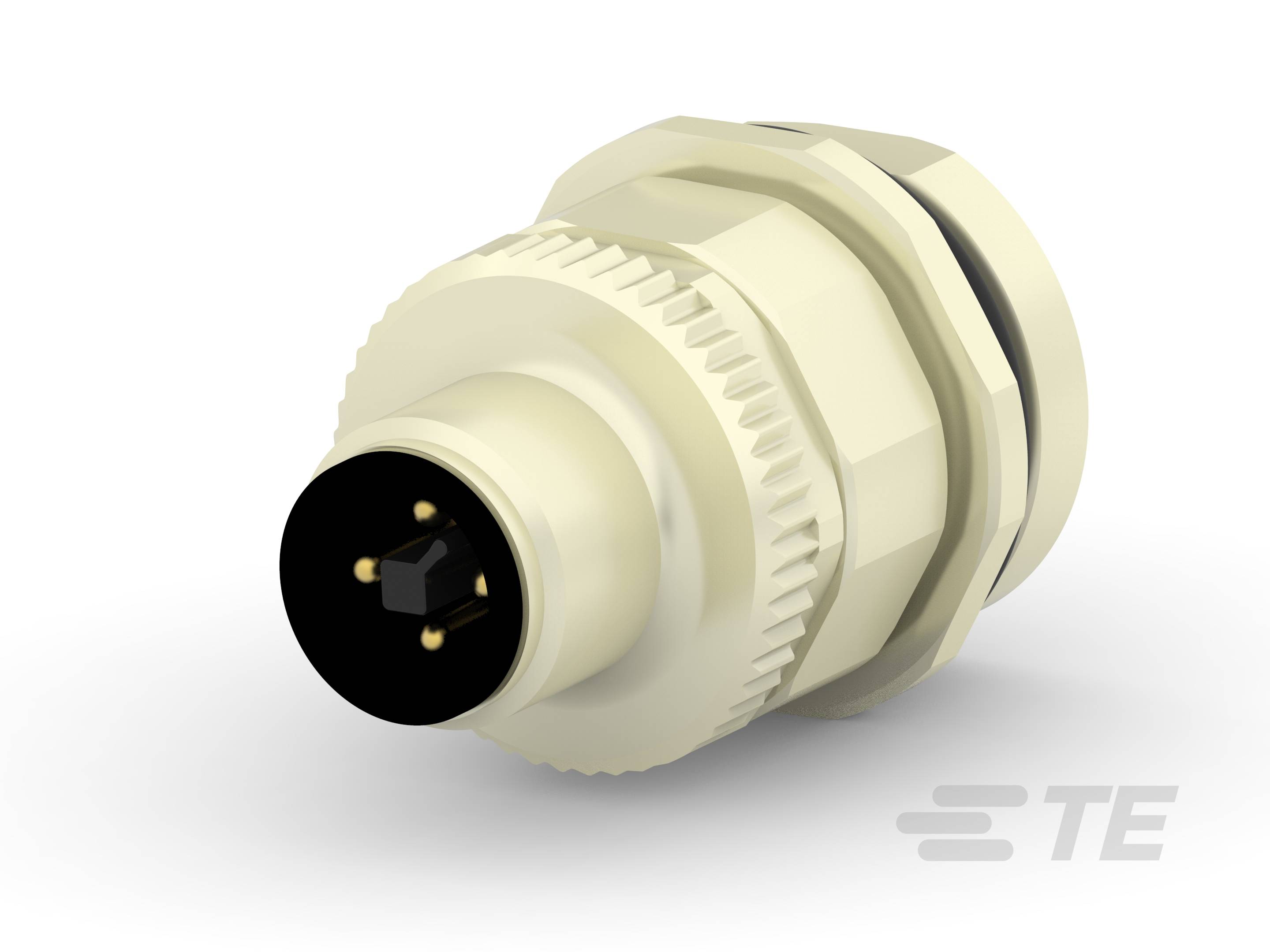 Ein cremefarbener, zylinderförmiger Stecker mit vier goldfarbenen Pins. Der Stecker hat ein geriffeltes Gehäuse und ist seitlich dargestellt.