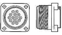 Schwarz-weiß Illustration eines elektrischen Steckverbinders mit runder Buchse und Stecker mit mehreren Anschlussstiften.