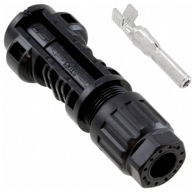 Eine schwarze Stromeingangsbuche mit drei Metallstiften und zwei Befestigungslöchern, die für elektrische Verbindungen in elektronischen Geräten verwendet wird.