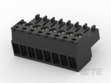 Schwarzer, mehrpoliger Steckverbinder mit seitlichen Anschlüssen, verwendet für elektronische Verbindungen in Geräten.