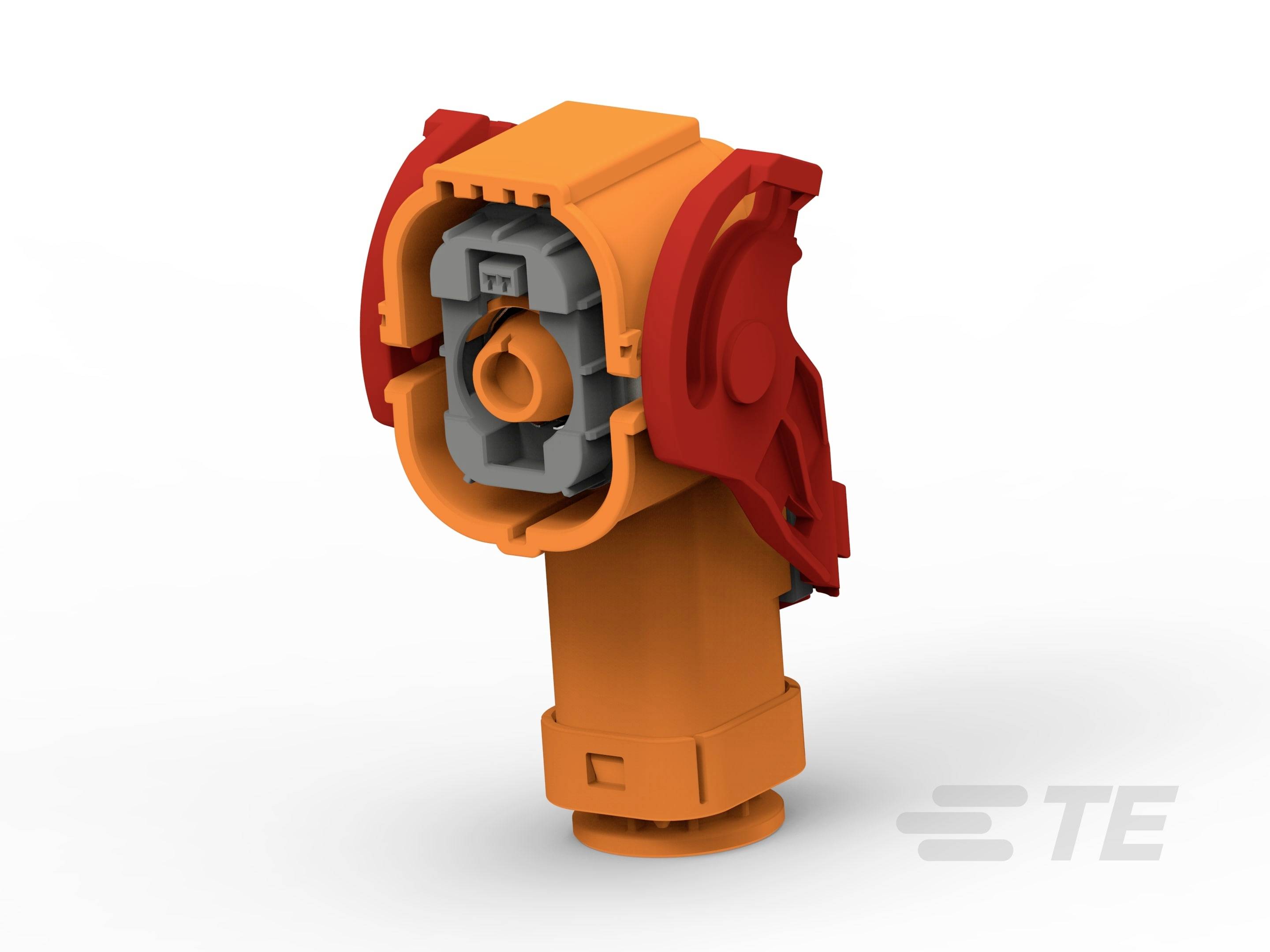 Oranges und rotes Steckverbindergehäuse von TE mit geöffnetem Verschlussmechanismus, zeigt interne strukturierte Details.