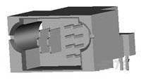 Graues 3D-Modell eines technischen Teils mit mehreren Sprossen und Aussparungen, vermutlich ein elektronisches oder mechanisches Bauelement.