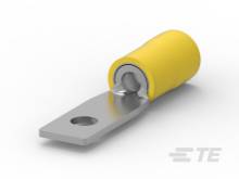 Gelbes elektrisches Ringkabelschuh mit Metallverschluss, verwendet zur Verbindung von Kabeln in elektrischen Anwendungen.