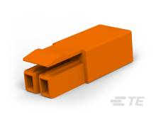 Ein orangefarbener elektrische Steckverbinder mit zwei Steckplätzen, geeignet zur Verbindung von Kabeln in elektrischen Schaltungen.