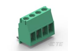 Grüner Steckverbinder mit vier Eingängen, seitlich betrachtet. Geeignet für Elektroinstallationen oder Elektronikplatinen.