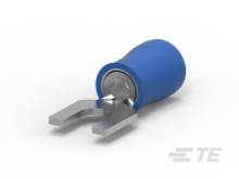 Blauer Kabelschuh mit zwei Gabelklemmenenden, verwendet für elektrische Verbindungen.