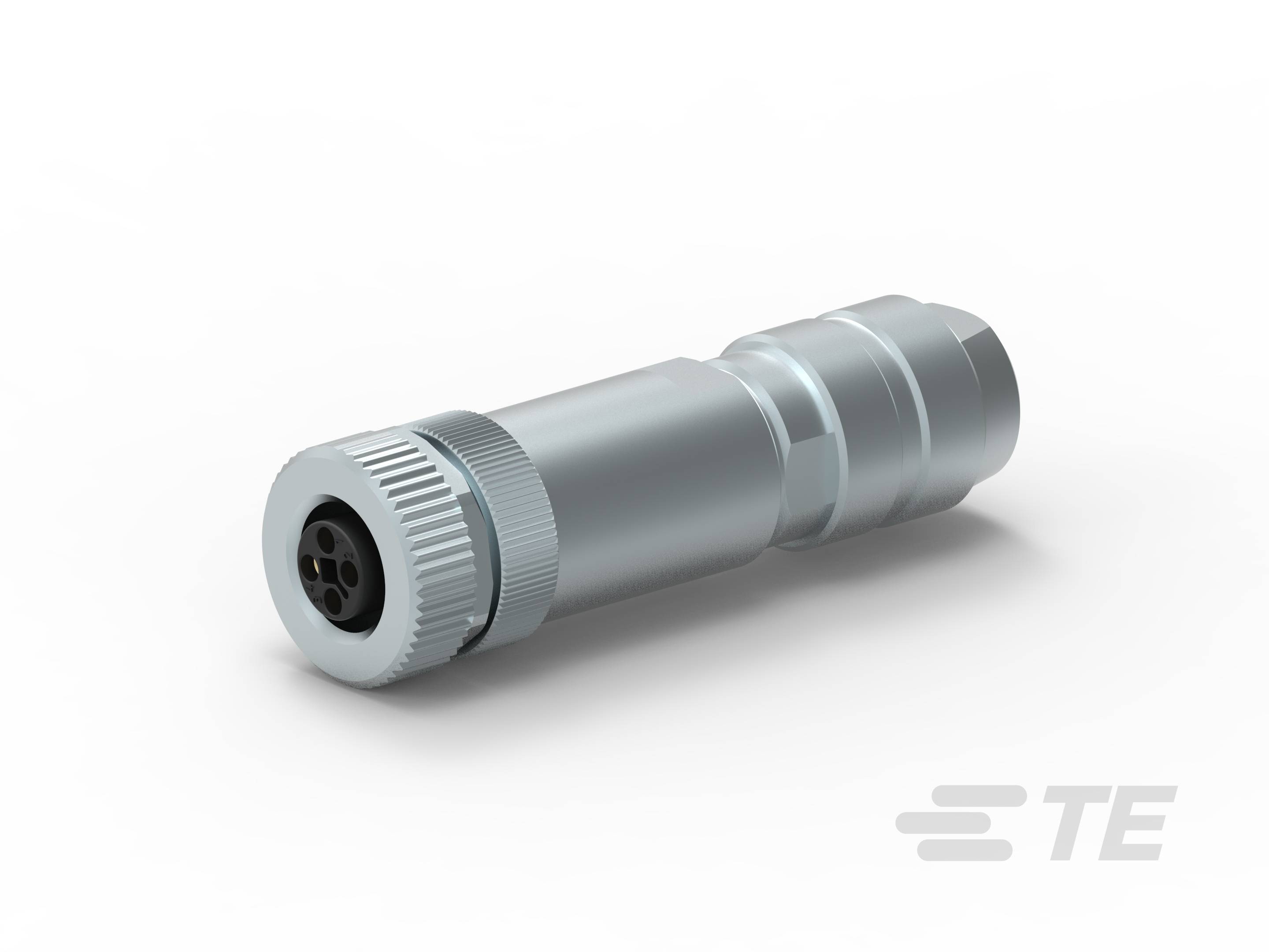 Ein silberner zylindrischer Stecker mit geriffeltem Griff und mehreren Anschlussbuchsen für industrielle Anwendungen.