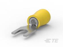 Gelber Kabelschuh in Gabelform aus Metall und Kunststoff, ermöglicht sichere elektrische Verbindungen und einfache Installation.