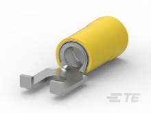 Ein gelbes isoliertes Flachsteckhülsenkabelende aus Metall, geeignet für elektrische Verbindungen.