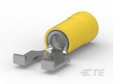 Gelb isolierter Flachstecker mit Metallclip, verwendet für elektrische Verbindungen. Geeignet für Kabelschuhe, ermöglicht sicheren Anschluss.