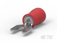 Rotes Gabelkabelschuh mit Metallverbindung, verwendet zum Befestigen von Kabeln an elektrischen Anschlüssen.