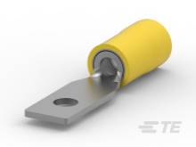 Ein gelber, zylindrischer Kabelschuh mit einem Metallring, der als Anschlusspunkt dient. Geeignet für elektrische Verbindungen.