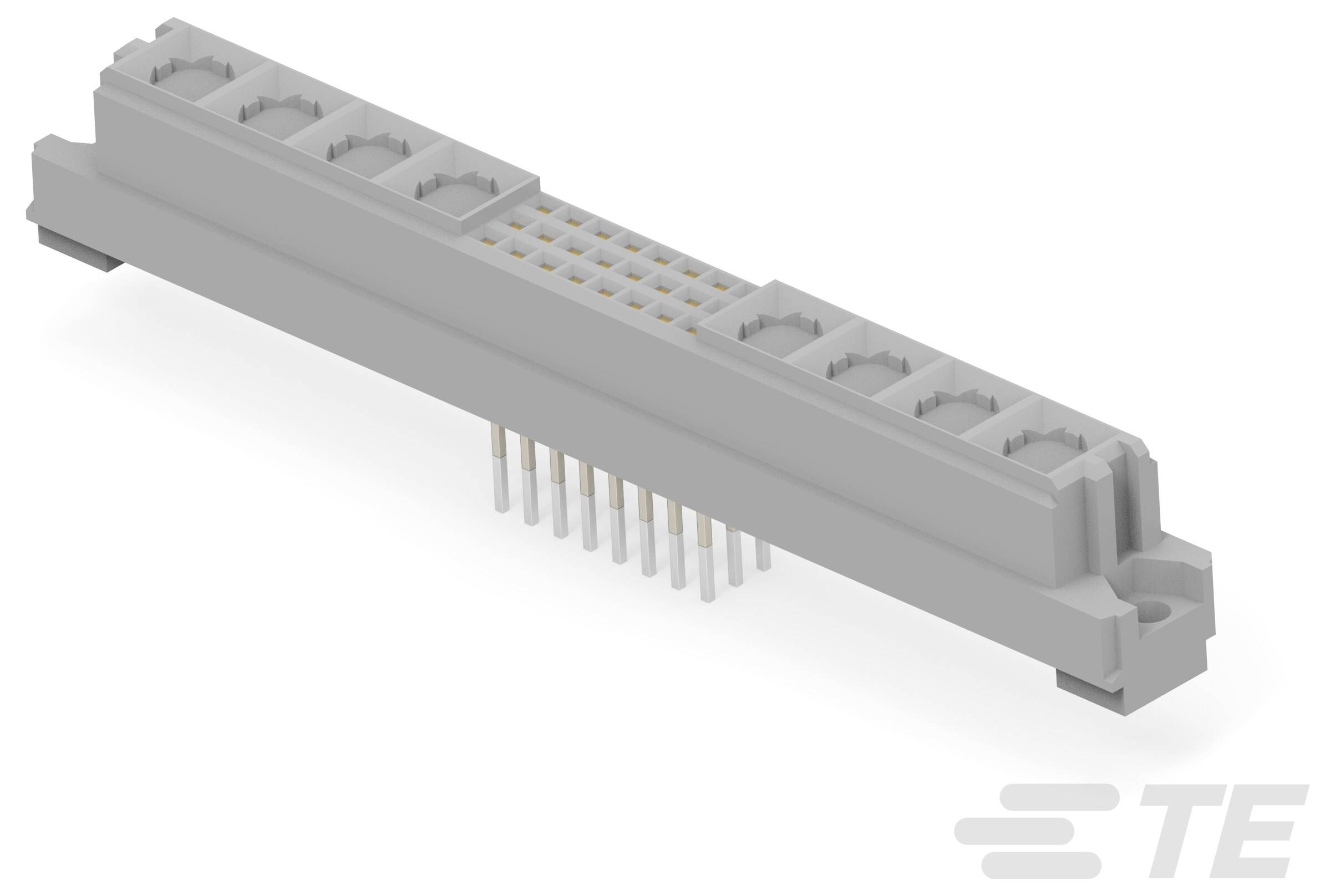 Eine beige und graue rechteckige elektronische Komponente, die einem Chipkondensator ähnelt, isoliert auf weißem Hintergrund.