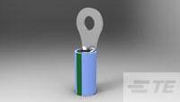 Eine blaue Batterie mit einem grünen Streifen und einer silbernen Lasche oben. Sie steht auf einer grauen Oberfläche.