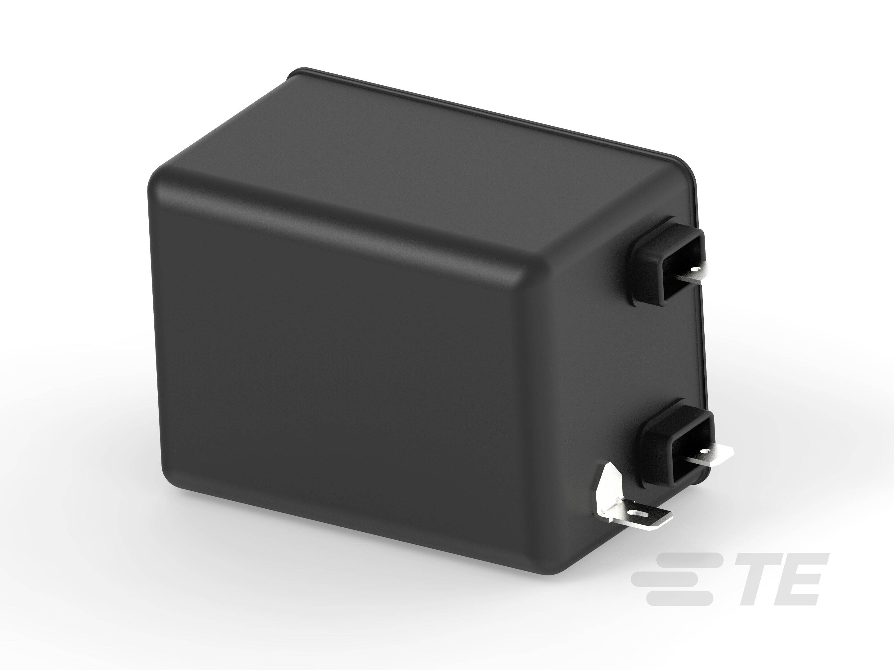 Ein rechteckiger, schwarzer elektrischer Kondensator mit zwei Anschlussklemmen auf einem weißen Hintergrund, mit 'TE'-Logo.