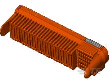 Eine 3D-Darstellung eines großen orangefarbenen Containers mit einem gerippten Design, möglicherweise für industrielle Anwendungen.